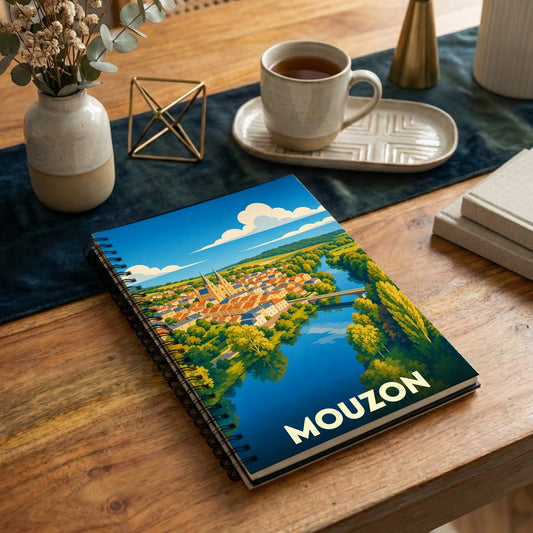 Carnet à spirales souvenir de la ville de Mouzon avec une illustration stylisée et colorée.