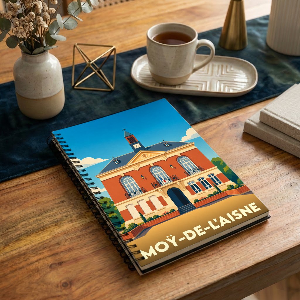 Carnet souvenir de la ville de Moÿ-de-l'Aisne avec une illustration stylisée de son hôtel de ville.