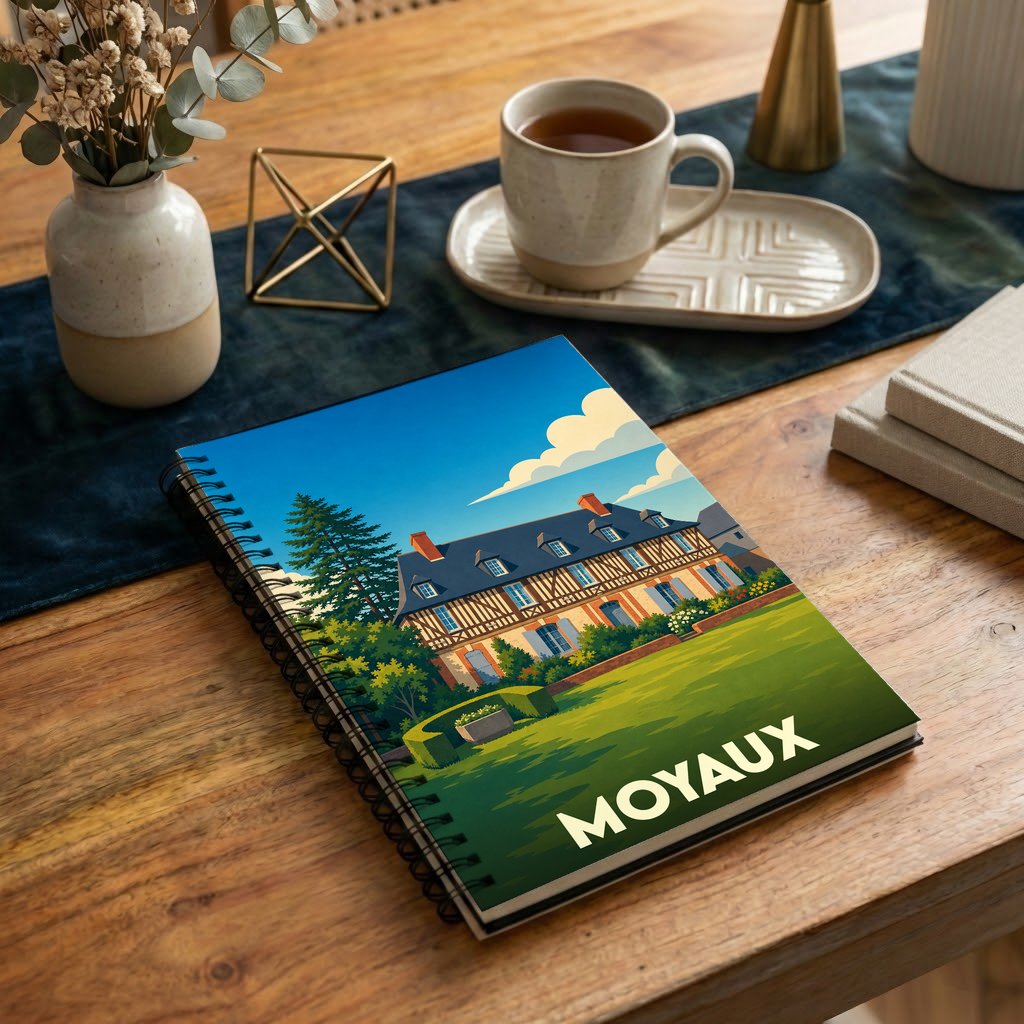 Carnet à spirales souvenir de la ville de Moyaux avec une illustration stylisée d'un manoir normand.