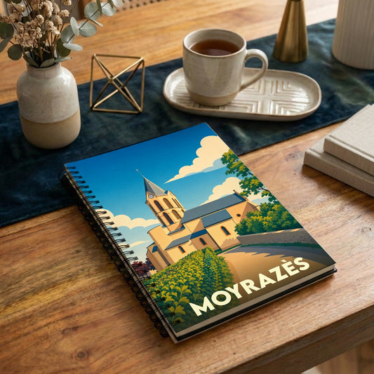 Carnet à spirale souvenir de la ville de Moyrazès avec une illustration stylisée de son église.