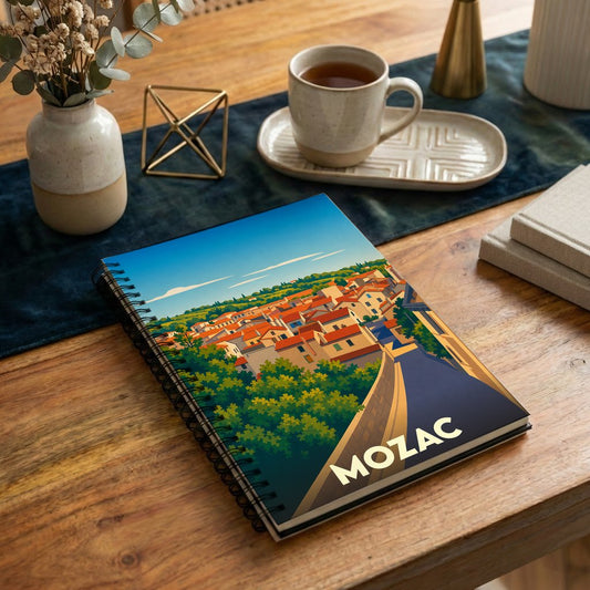 Carnet souvenir de la ville de Mozac avec une illustration stylisée de ses toits.