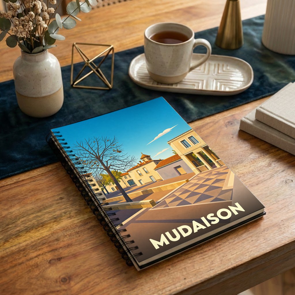 Carnet souvenir de la ville de Mudaison avec une illustration stylisée d'une place ensoleillée.