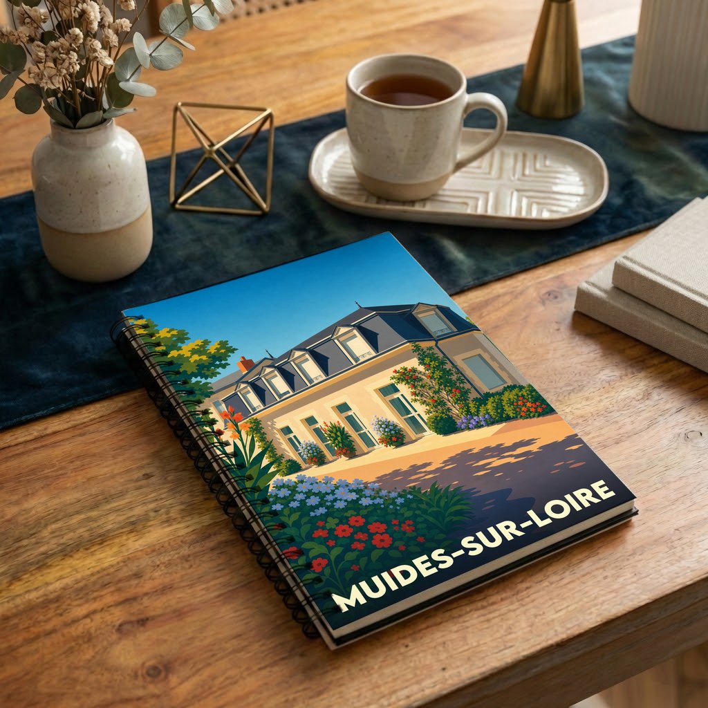 Carnet souvenir de la ville de Muides-sur-Loire avec une illustration stylisée.