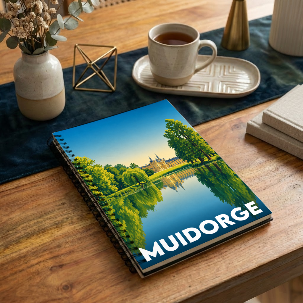 Carnet souvenir de la ville de Muidorge avec une illustration stylisée d'un château au bord de l'eau.