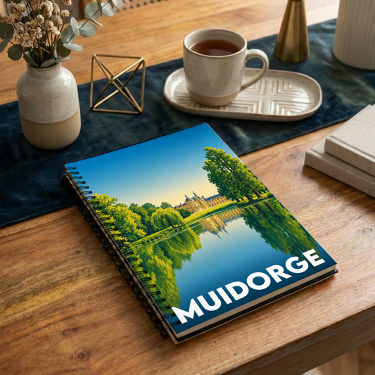 Carnet souvenir de la ville de Muidorge avec une illustration stylisée d'un château au bord de l'eau.