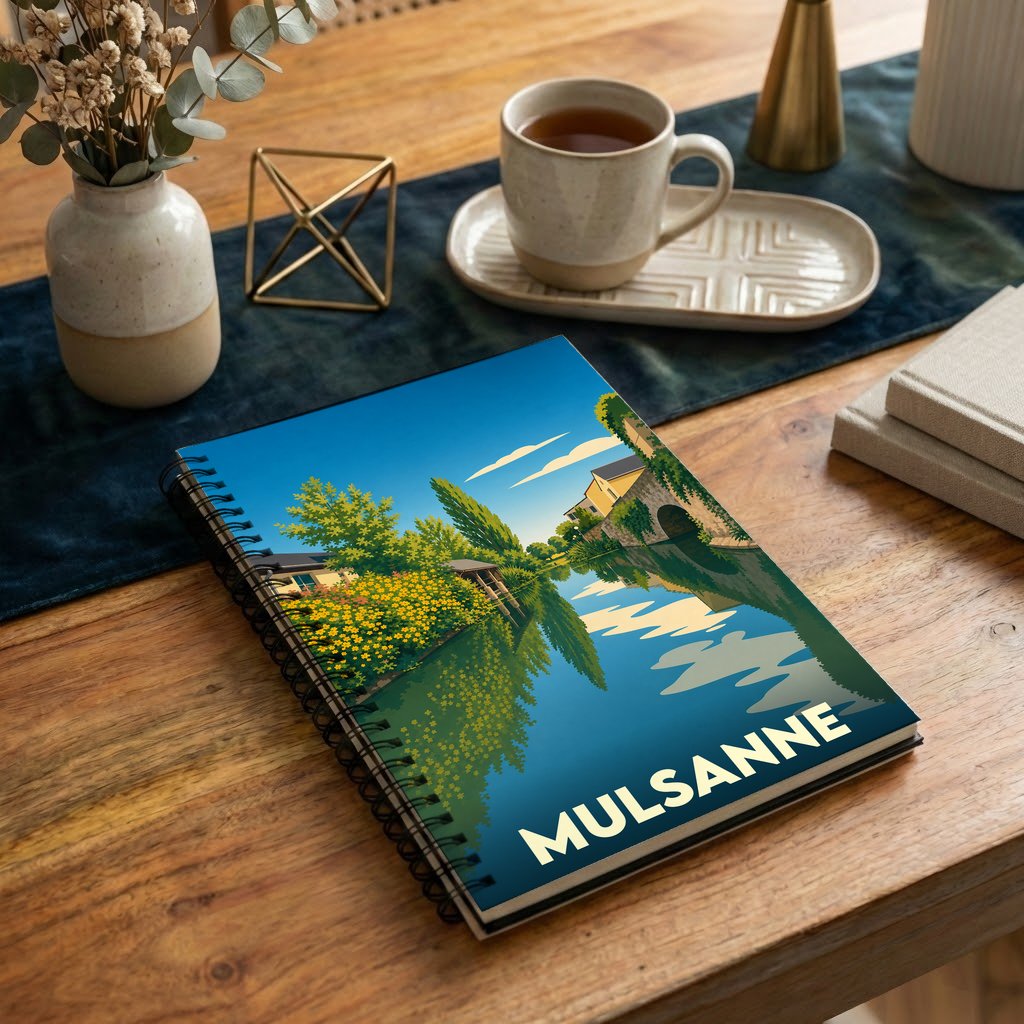 Carnet souvenir de la ville de Mulsanne avec une illustration stylisée de ses paysages.