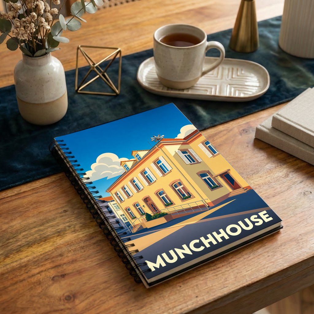 Carnet à spirale souvenir de la ville de Munchhouse avec une illustration stylisée d'un bâtiment coloré.