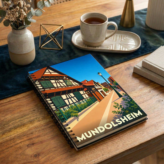 Carnet à spirale souvenir de la ville de Mundolsheim avec une illustration stylisée de maisons à colombages.