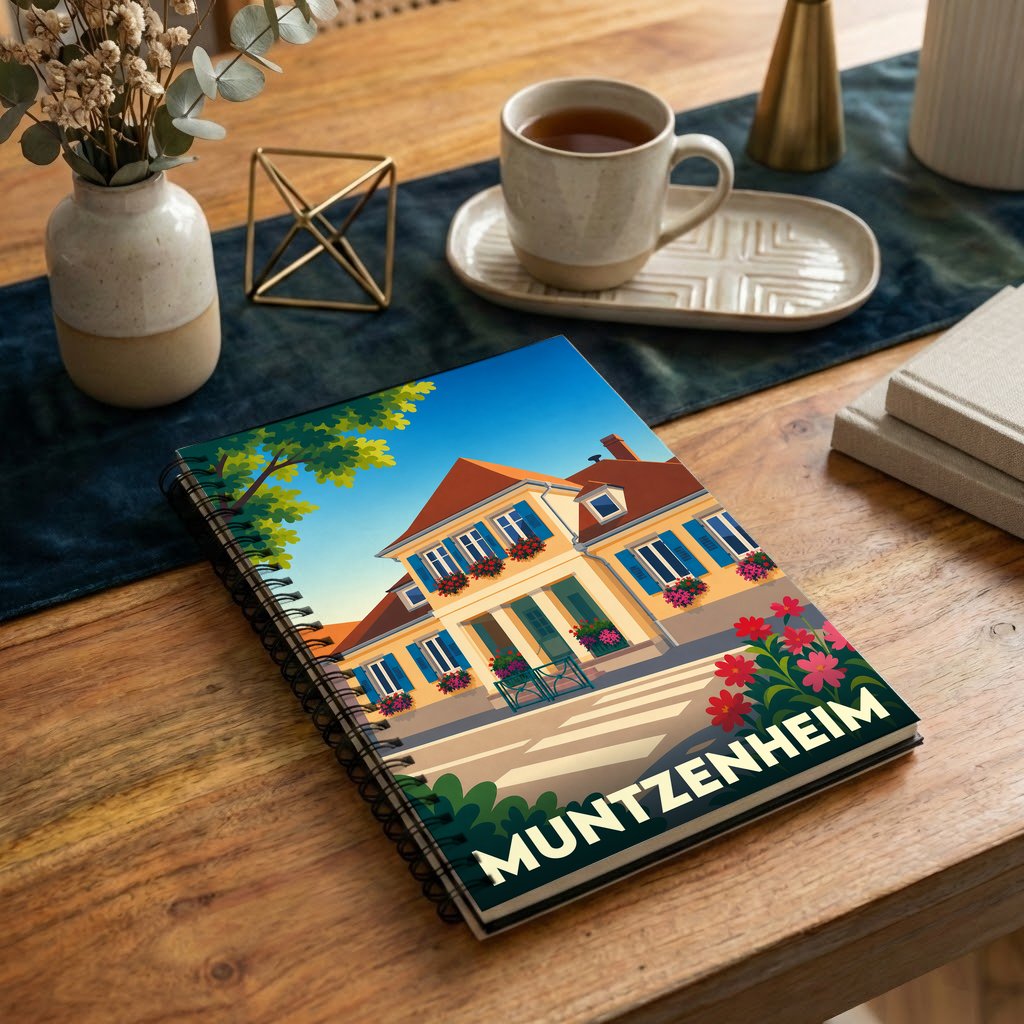Carnet de notes souvenir de la ville de Muntzenheim avec une illustration colorée et stylisée de l'architecture locale.