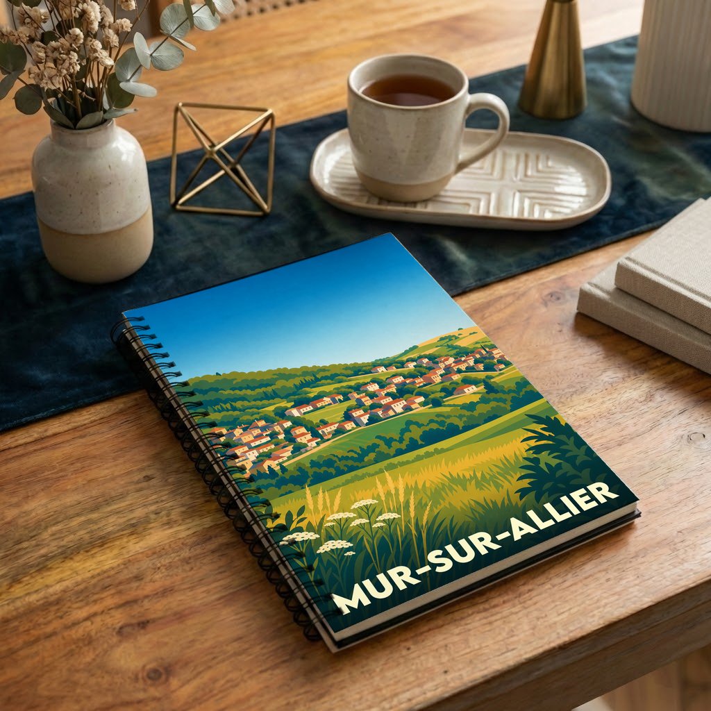 Carnet à spirales souvenir de la ville de Mur-sur-Allier avec une illustration de paysage stylisée.