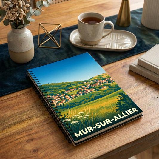 Carnet à spirales souvenir de la ville de Mur-sur-Allier avec une illustration de paysage stylisée.