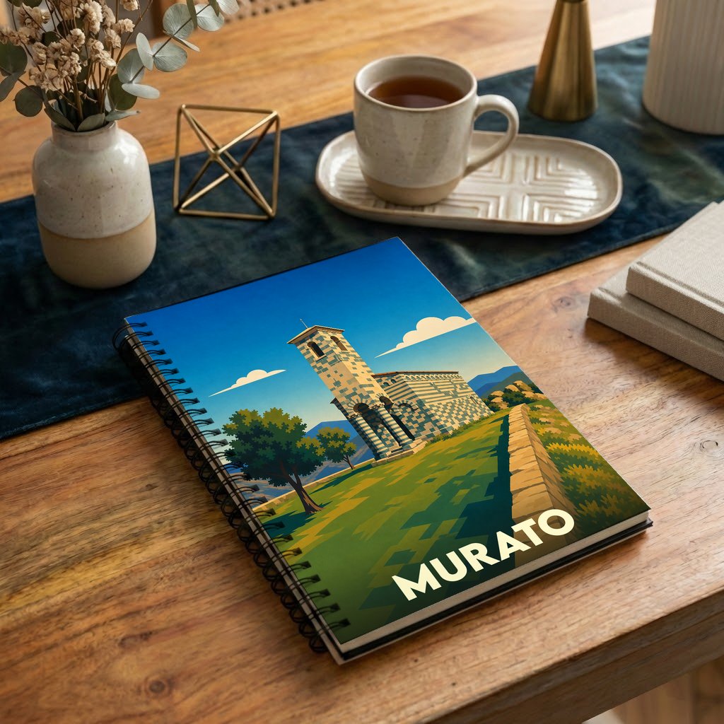 Carnet souvenir de la ville de Murato avec une illustration stylisée de son église romane.