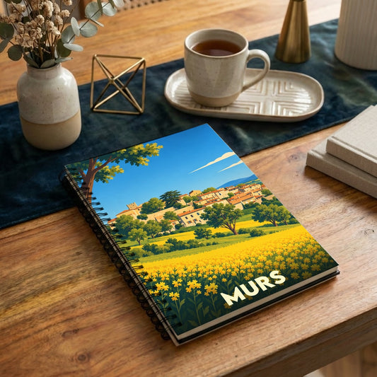 Carnet à spirales souvenir de la ville de Murs avec une illustration stylisée d'un champ de fleurs devant le village.