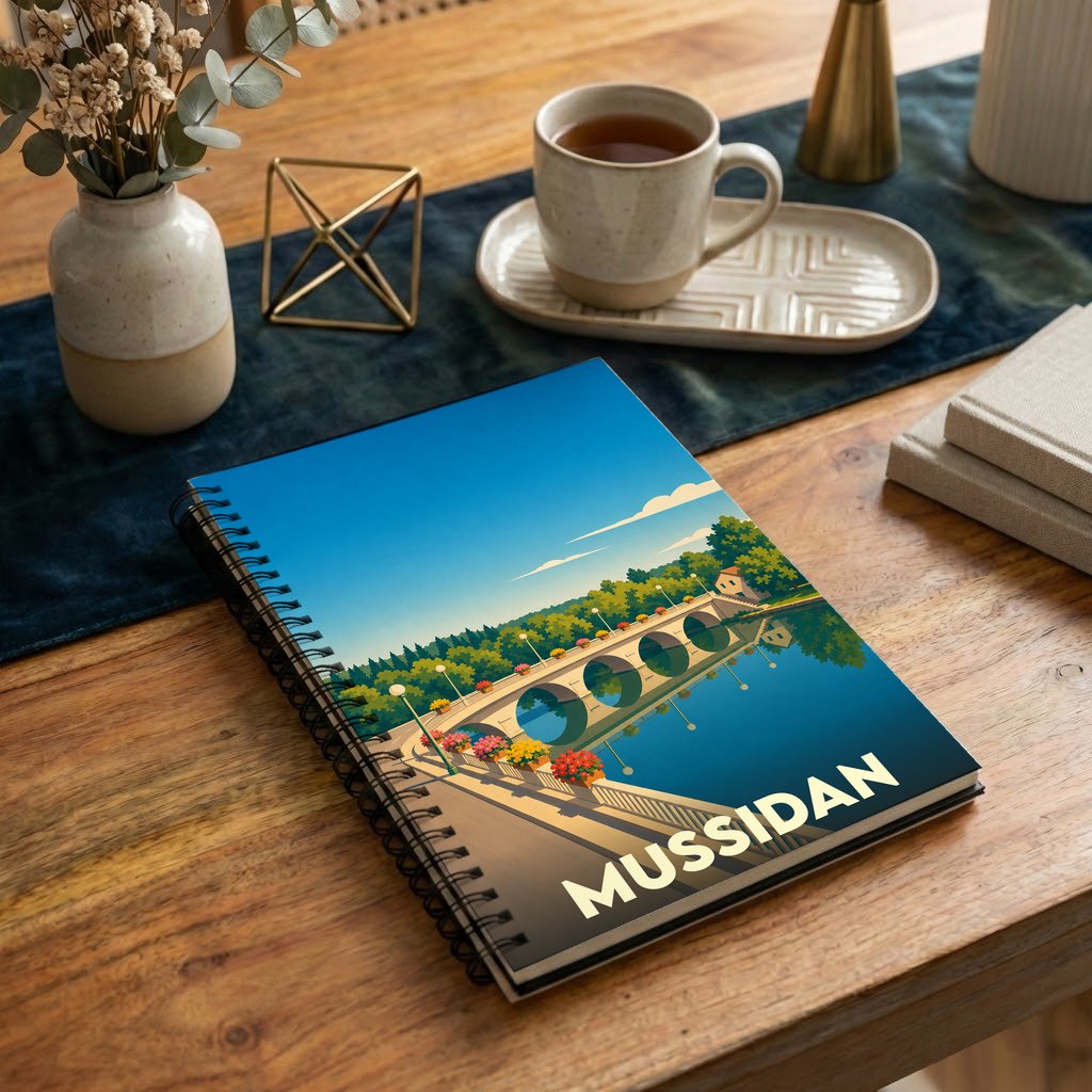 Carnet souvenir de la ville de Mussidan illustré d'un dessin stylisé représentant son pont.