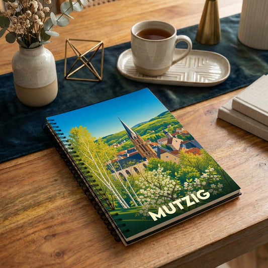 Carnet à spirales souvenir de la ville de Mutzig avec une illustration printanière stylisée.