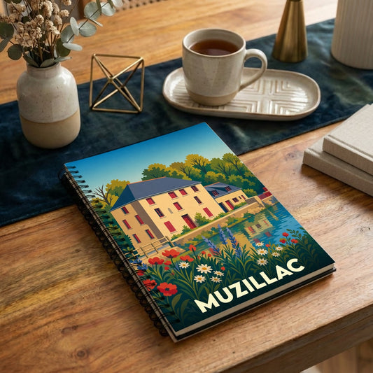 Carnet à spirales souvenir de la ville de Muzillac avec une illustration colorée et stylisée de son patrimoine.