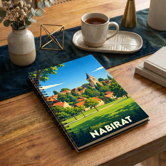 Carnet souvenir de la ville de Nabirat avec une illustration stylisée de son paysage urbain.