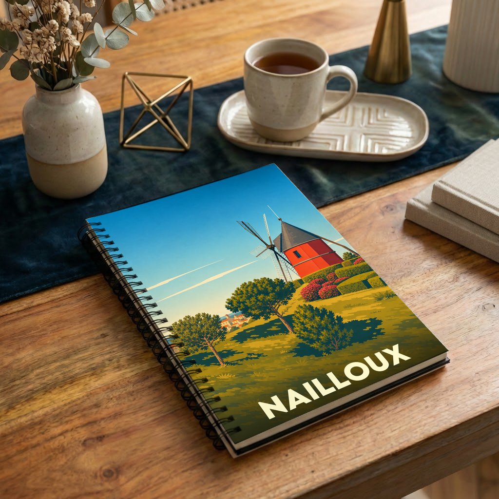 Carnet souvenir de la ville de Nailloux avec une illustration stylisée de son moulin à vent rouge.