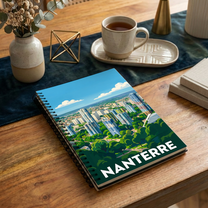 Carnet souvenir de la ville de Nanterre avec une illustration urbaine stylisée et colorée.