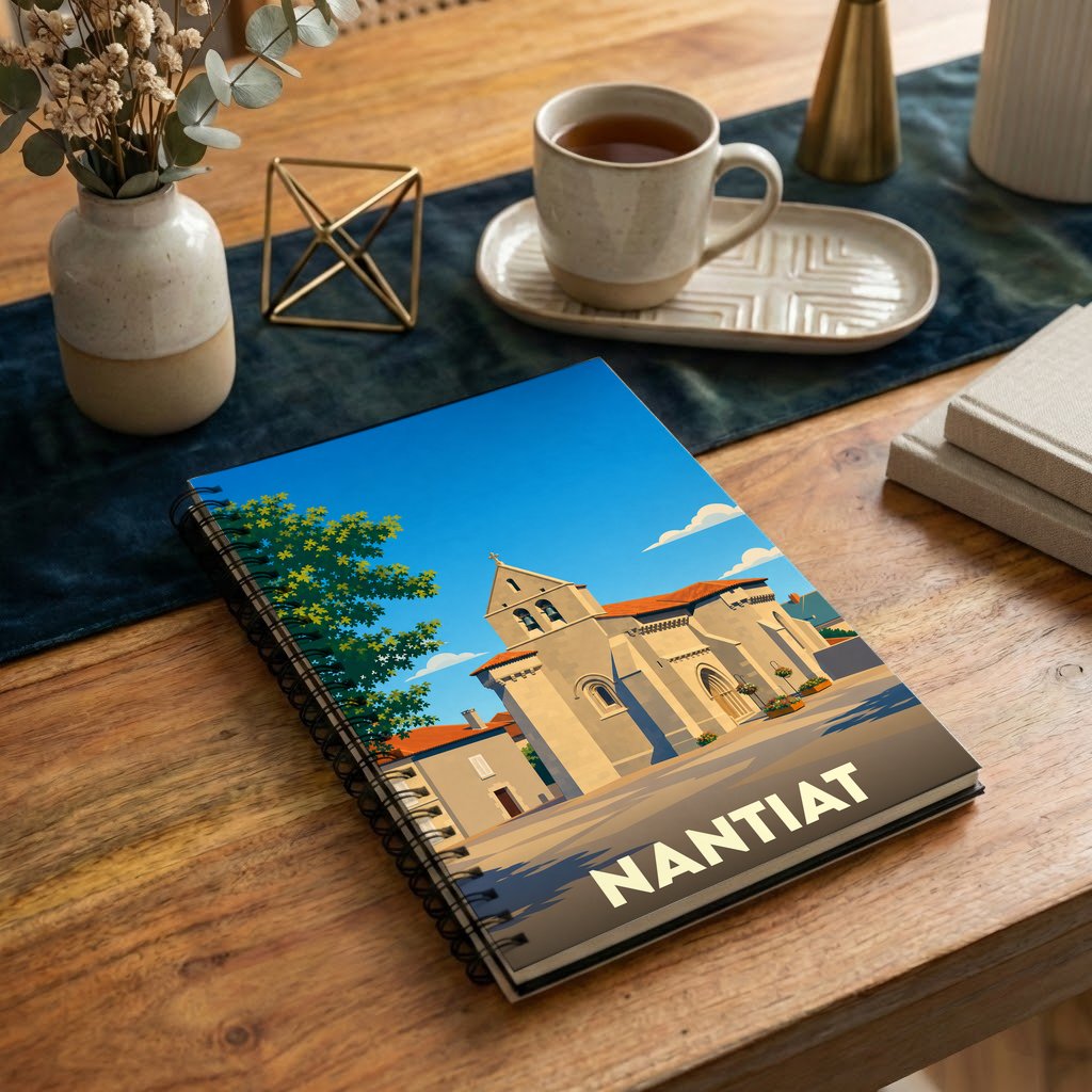 Carnet à spirales souvenir de la ville de Nantiat avec une illustration stylisée de son église.