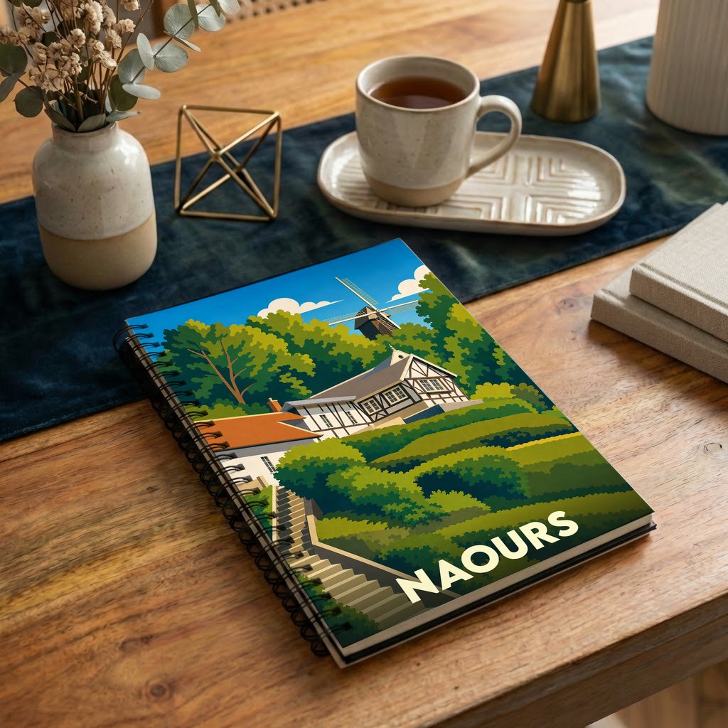 Carnet souvenir de la ville de Naours avec une illustration stylisée représentant un paysage vallonné et son moulin.