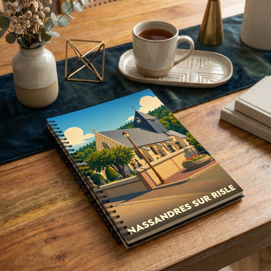 Carnet souvenir de la ville de Nassandres sur Risle avec une illustration stylisée de son église.