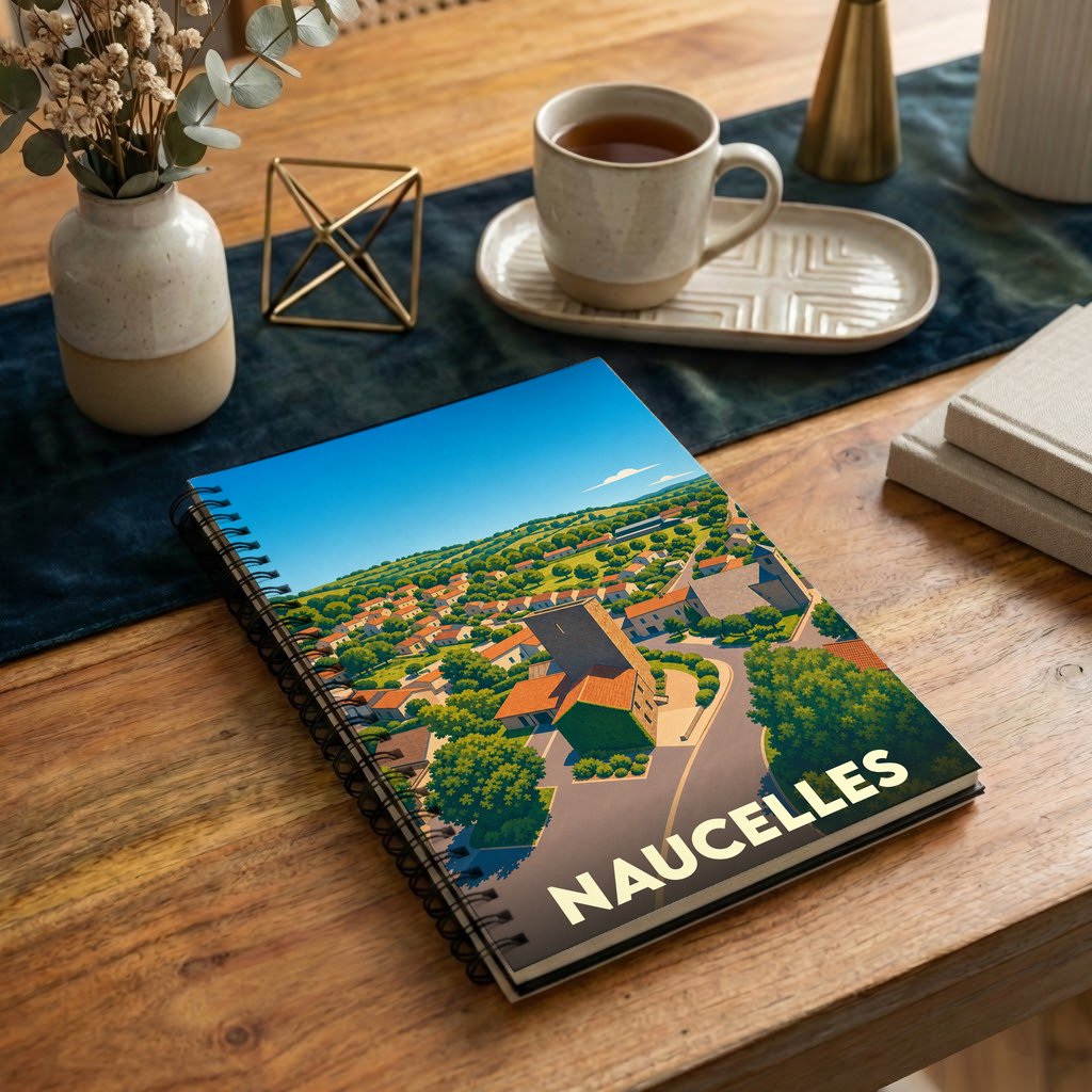 Carnet à spirales souvenir de la ville de Naucelles avec une illustration stylisée.