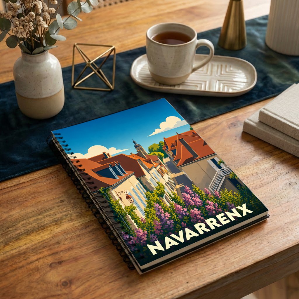 Carnet à spirales souvenir de la ville de Navarrenx avec une illustration stylisée de ses rues pittoresques.