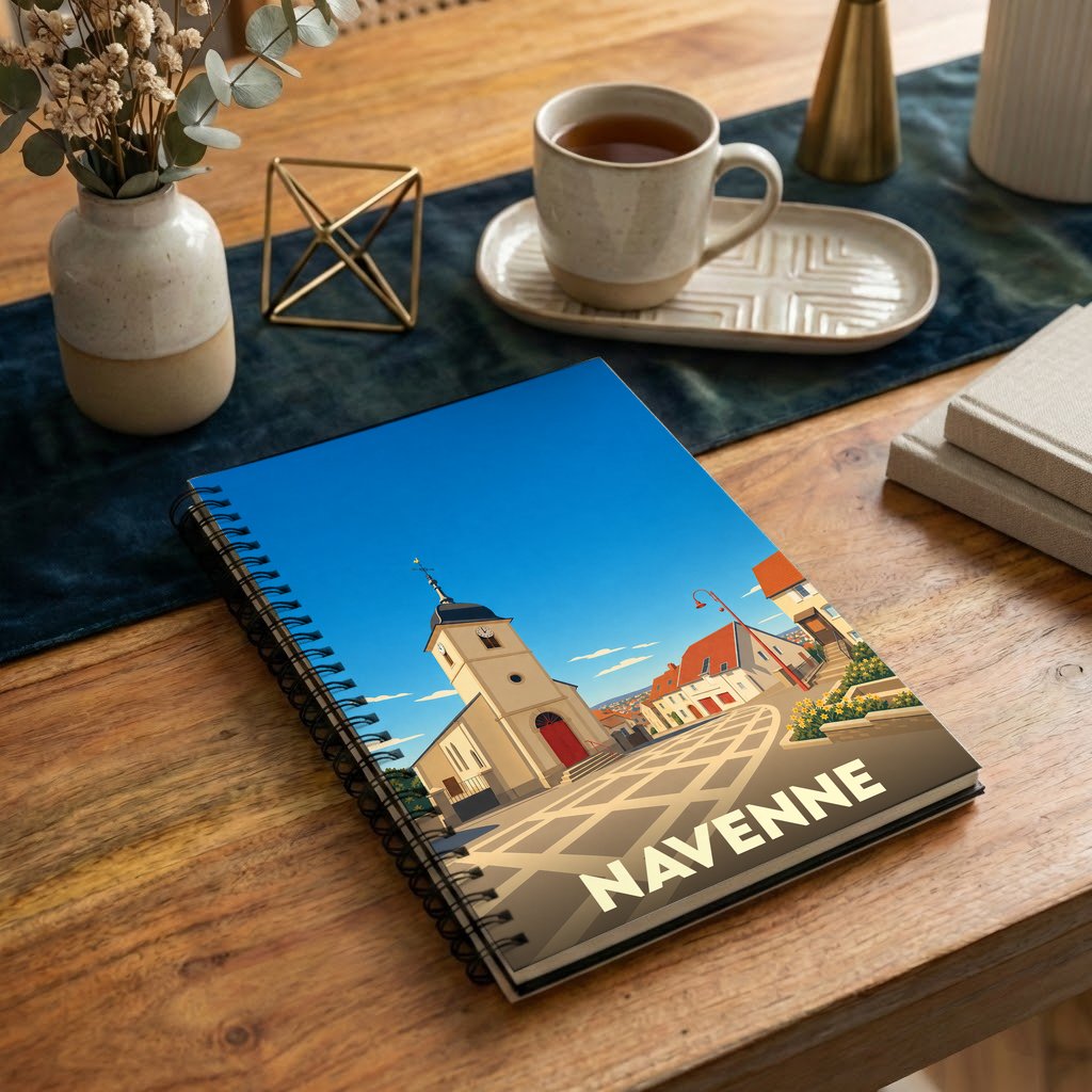 Carnet à spirales souvenir de la ville de Navenne avec une illustration stylisée d'une église et d'une place ensoleillée.
