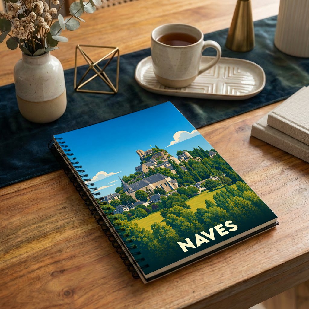 Carnet à spirales souvenir de la ville de Naves avec une illustration stylisée de son paysage et de ses monuments.