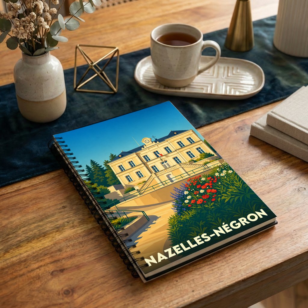 Carnet de notes souvenir de la ville de Nazelles-Négron avec une illustration stylisée de son patrimoine.