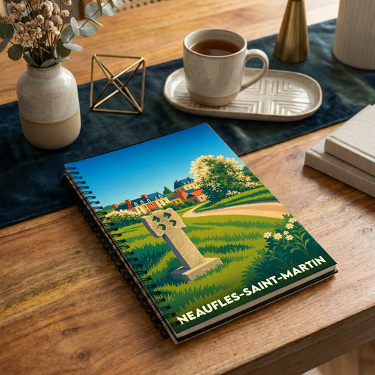 Carnet à spirales souvenir de Neaufles-Saint-Martin avec une illustration colorée et stylisée représentant la ville.
