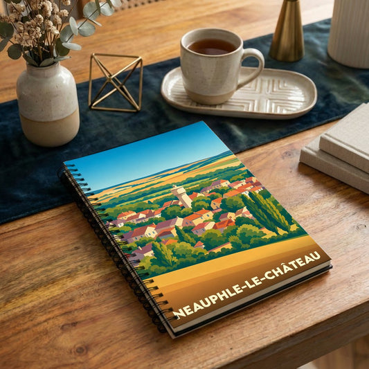 Carnet à spirales souvenir de la ville de Neauphle-le-Château avec une illustration paysagère stylisée.