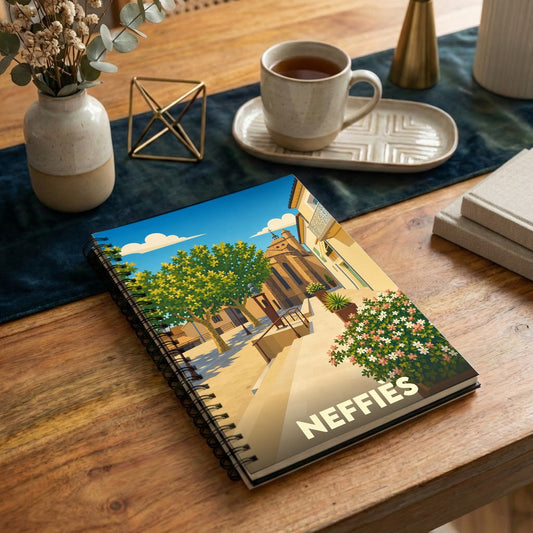 Carnet à spirale souvenir de la ville de Neffiès avec une illustration stylisée et colorée.