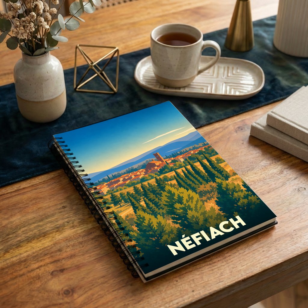 Carnet souvenir de la ville de Néfiach orné d'une illustration stylisée de son paysage.