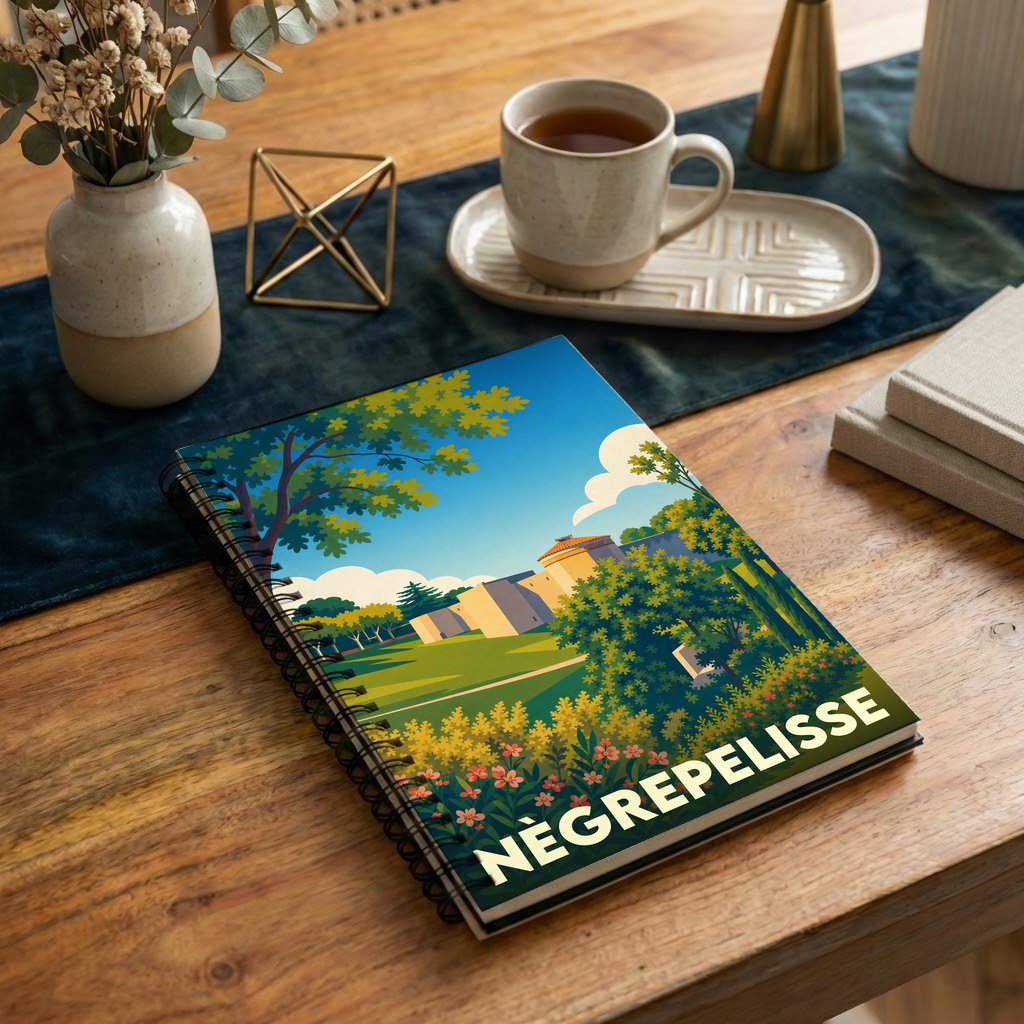 Carnet à spirales souvenir de la ville de Nègrepelisse avec une illustration paysagère stylisée.