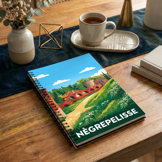 Carnet souvenir de la ville de Nègrepelisse avec une illustration stylisée.
