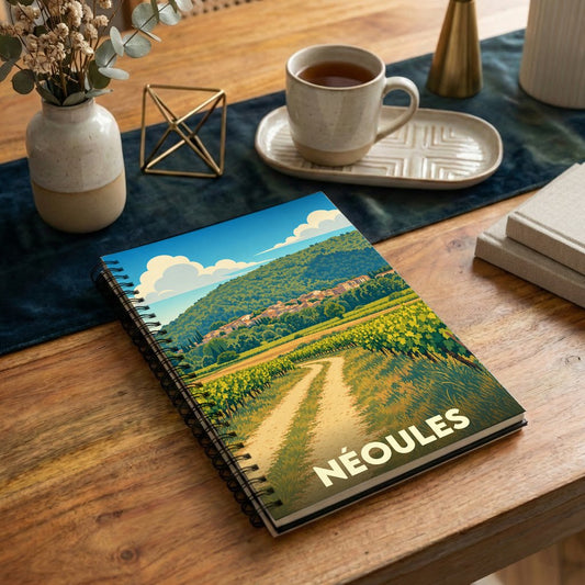Carnet à spirales souvenir de la ville de Néoules avec une illustration stylisée de son paysage provençal.
