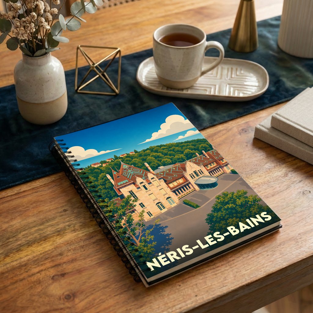 Carnet souvenir de la ville de Néris-les-Bains avec une illustration stylisée de ses thermes.