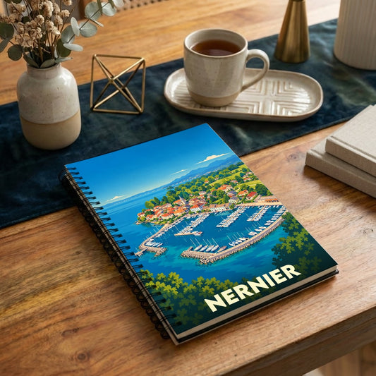 Carnet à spirales souvenir de la ville de Nernier avec une illustration stylisée de son port.