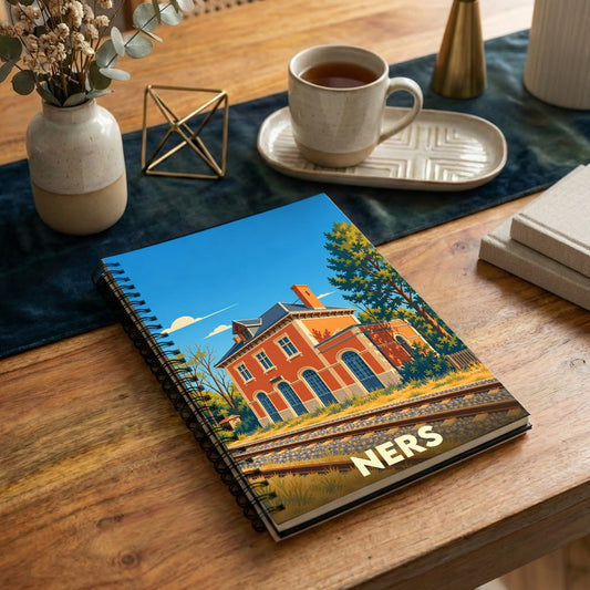 Carnet à spirales souvenir de la ville de Ners avec une illustration stylisée de son ancienne gare.