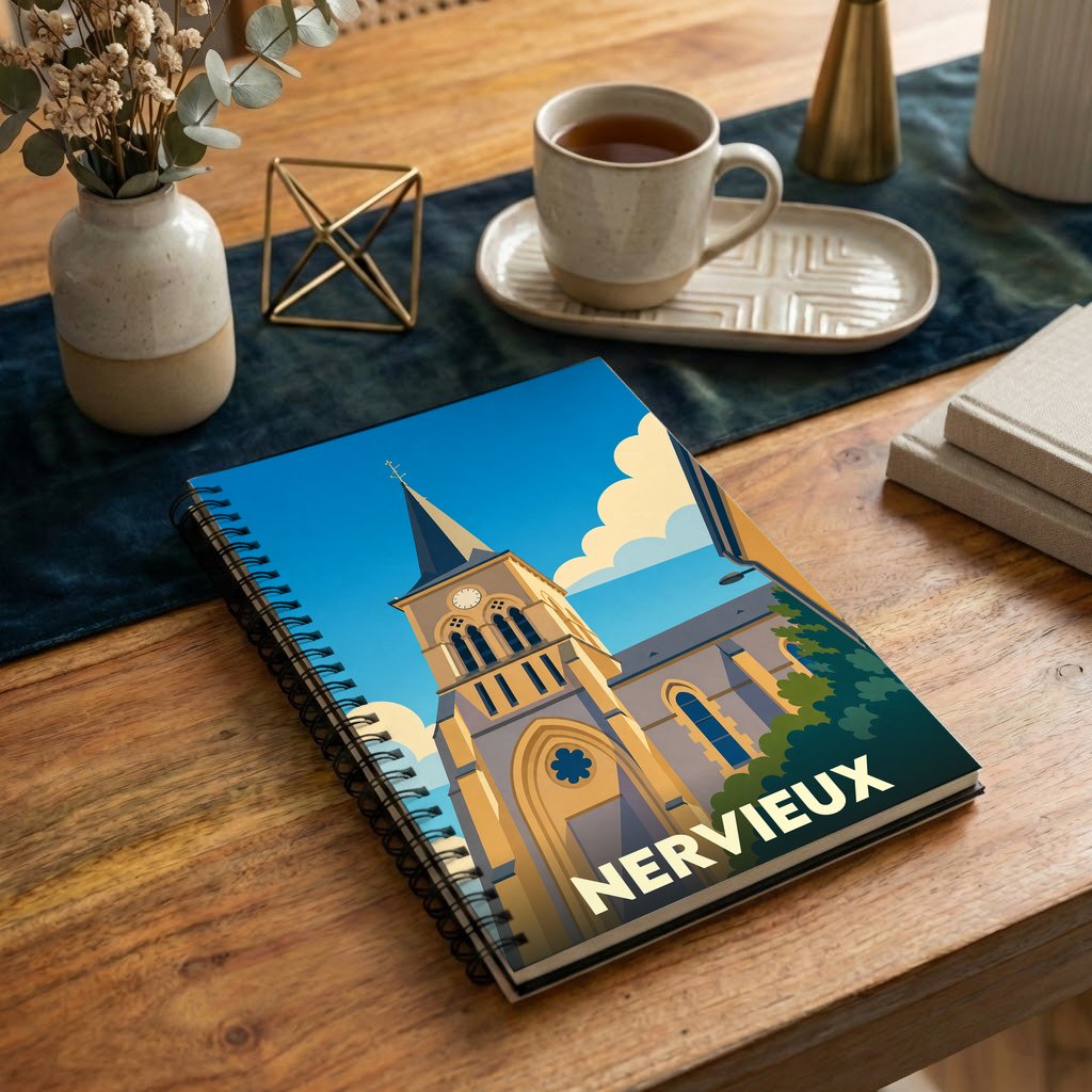 Carnet à spirales souvenir de la ville de Nervieux avec une illustration stylisée de son église.