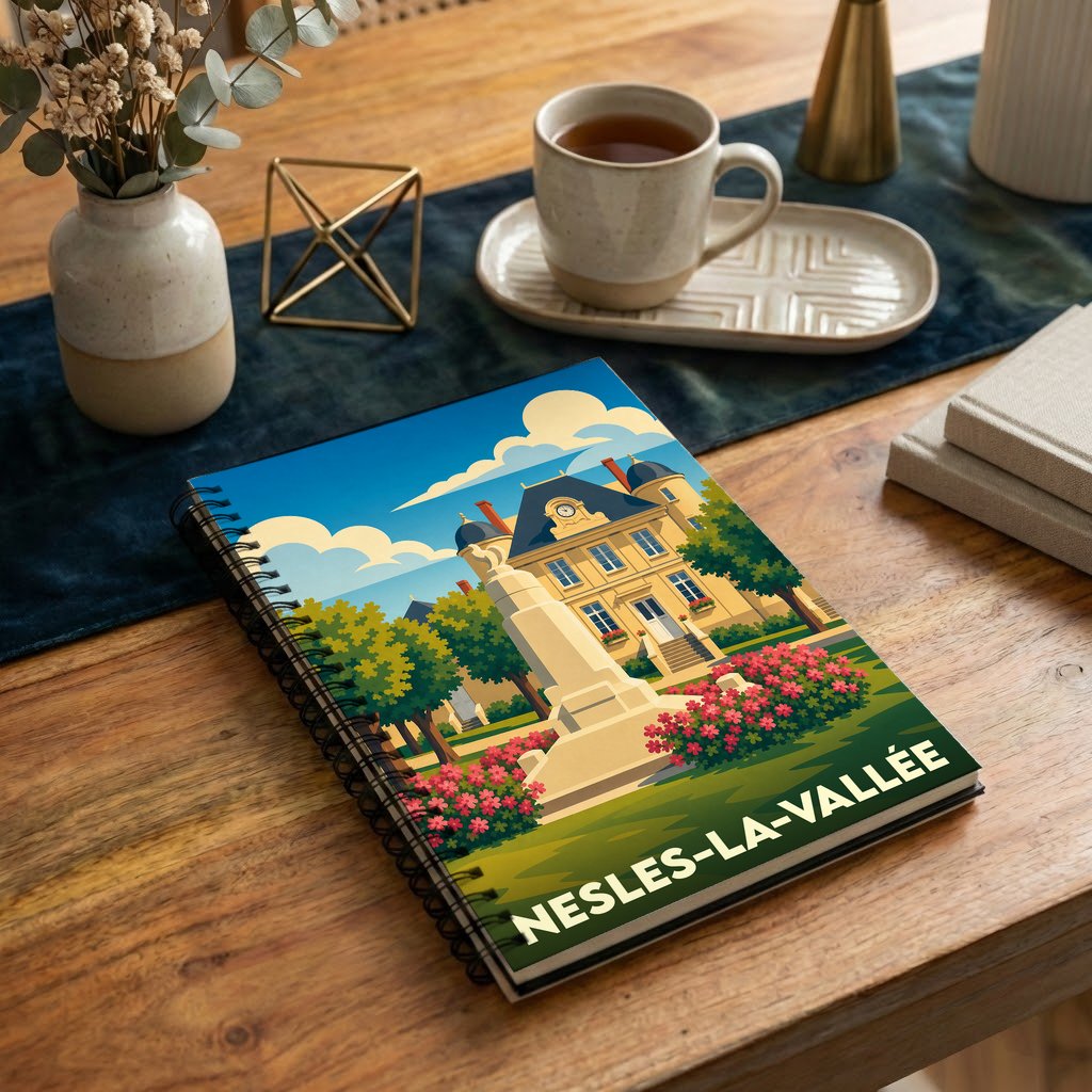 Carnet à spirales souvenir de la ville de Nesles-la-Vallée avec une illustration stylisée.
