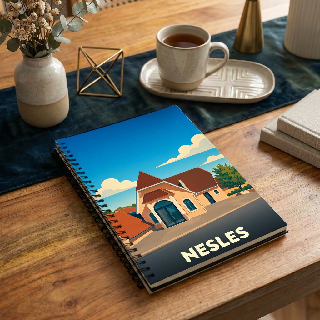 Carnet à spirales souvenir de la ville de Nesles avec une illustration stylisée de son architecture.