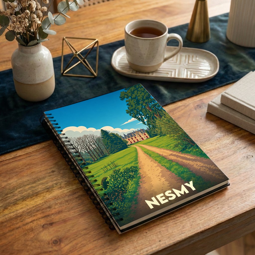 Carnet souvenir de la ville de Nesmy avec une illustration stylisée d'un paysage de campagne.