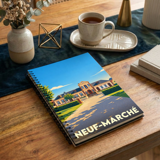 Carnet souvenir à spirale de la ville de Neuf-Marché avec une illustration stylisée de sa mairie.