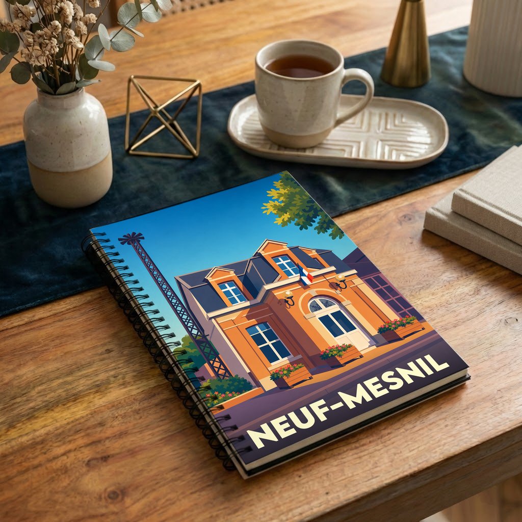 Carnet souvenir de la ville de Neuf-Mesnil avec une illustration stylisée de son hôtel de ville.