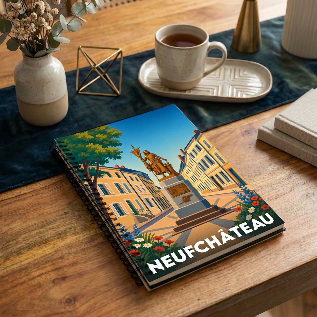 Carnet de notes souvenir de la ville de Neufchâteau avec une illustration stylisée de sa place et de sa statue.