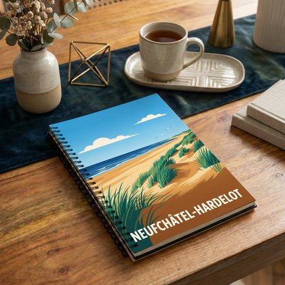 Carnet souvenir de la ville de Neufchâtel-Hardelot avec une illustration stylisée de dunes et de plage.