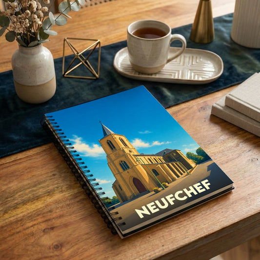 Carnet à spirales souvenir de la ville de Neufchef orné d'une illustration stylisée de son église sous un ciel bleu.